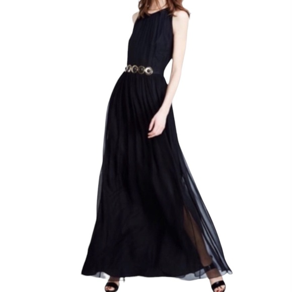 KATE SPADE New York Silk Chiffon Belted Sleeveless Fit-N-Flare Maxi Dress, Black - Picture 3 of 6